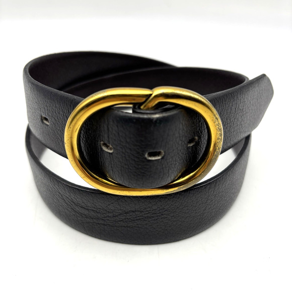 Vintage 70s Black Featherlite Leather Belt with Solid Brass Slide Buckle 31-34" - Picture 2 of 15